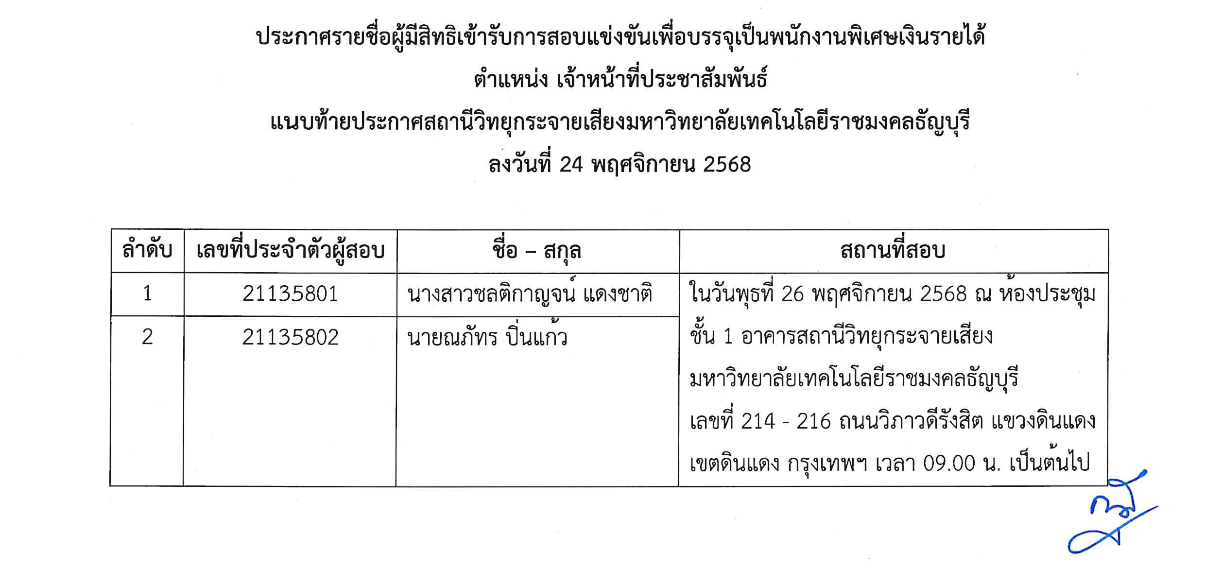 ประกาศรายชื่อผู้มีสิทธิ์เข้าสอบเจ้าหน้าที่ประชาสัมพันธ์