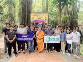 คณะวิศวกรรมศาสตร์ ร่วมกับหน่วยวิจัยวัสดุที่เป็นมิตรต่อสิ่งแวดล้อม มทร.ธัญบุรี และ มทร.รัตนโกสินทร์ จัดโครงการ “ถนนปูพื้นบุญ หนุนทางธรรม” สร้างพื้นที่ธรรมะจากวัสดุเหลือใช้
